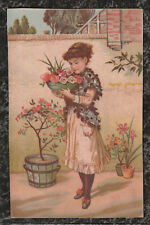 Victorian Stock Trade Card Little Girl on Patio with Bowl Roses 5.75 x 3.75 picture