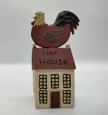 Folk Art Hen Rooster Chicken Bird Wooden Sitting on a Miniature House picture