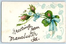 Manchester Iowa IA Postcard Greetings Embossed Flowers And Leaves 1910 Antique picture