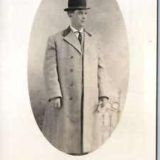c1910s Cool Man Trenchcoat Portrait Guy +Bowler Hat Fashion Suit Real Photo A212 picture