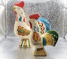 Vintage Swedish Dala Wood Carved Rooster Pair 2 Colorful Chickens 1950s 6” & 4” picture