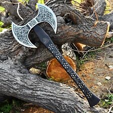 Viking Axe Double Headed Custom Handmade Carbon Steel Axe, Ash Wood And Leather picture