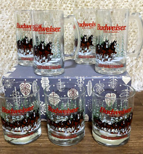7~Vintage '89 BUDWEISER CLYDESDALES Christmas 4- Beer Mugs 3- Glasses picture