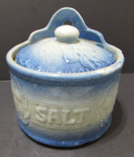 Antique Blue & White Stoneware Covered Hanging Salt Crock 6