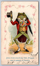 1907 postcard ANTHROPOMORPHIC FROG with flower bouquet top hat 