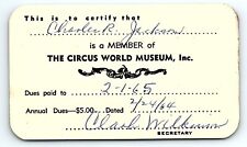 1964 CIRCUS WORLD MUSEUM MEMBERSHIP CARD CHARLES JACKSON Z1681 picture