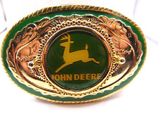 Vintage John Deere  Brass Belt Buckle Enamel Green & Gold USA Made Advertising picture