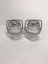 Vintage 1893 FP Bail Wire Lid Clear Glass Salt and Pepper Shaker Set 3.5” picture