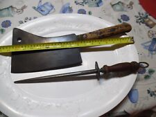 Antique Large #9 Meat Cleaver Hog Splitter  & F Dick Knife Sharpening Steel picture