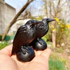 Black Obsidian Raven Hand-Carved Crow Crystal Healing Reiki Decoration Gift picture