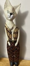 Cat Statue Wood Hand Carved & Painted Bali Indonesia 31”Tall Whimsical Cat Batik picture