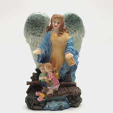 GUARDIAN ANGEL Overlooking Two CHILDREN on Bridge Small Resin Glittery Figurine picture