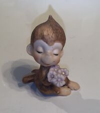 Vintage George Good 1975 Monkey Bisque Ceramic Figurine Holding Pink Flowers picture