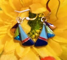 Navajo Sterling Turquoise Coral Opal Spiny Oyster Earrings #997 SIGNED picture