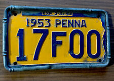 Vintage 1953 PA Pennsylvania License Plate Tag # 17 F 00 -  Cool / Nice  picture