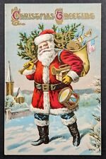 Postcard Vintage Christmas Red Santa Claus Toys Staff Snow 1910s picture