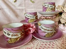 Antique, German “Forget Me Not” And “Love The Giver” 4 Piece Cup And Saucer Set. picture