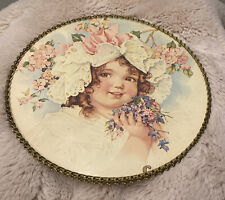 Antique reproduction flue cover wall art metal chain girl Holding Little Flowers picture