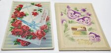 2 Antique Floral Birthday Greetings POSTCARDS  Roses  Heavily Embossed Pansies picture