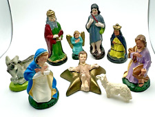Vintage Italy 9 Piece Nativity Scene Paper Mache + Porcelain Nativity Ornament picture