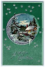 1907 Christmas Crescent Moon Pine Trees House Stars Embossed Antique Postcard picture