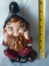 Gnome Ceramic Vintage 1970s Hand Painted  Smiling Sitting 8” Garden picture