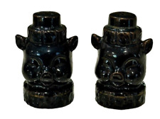 Porky Pigs in Top Hats Salt and Pepper Shakers Shiny Black JAPAN 3 Inch Vintage picture