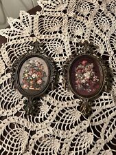 Pair Vintage Mini Small Ornate Metal Oval Floral Hanging Cottage Pictures Italy picture