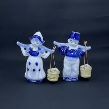 Vintage Japan Dutch Boy Girl Blue White Pail Milk Maid Water Buckets Yoke picture