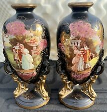 Antique Pair 15 Inch Viking Baroque Romantic Scene Vases Urns Ornate Gold Paint picture