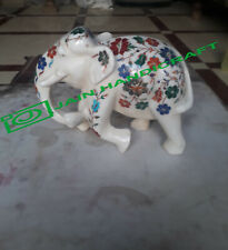 10'' white Marble Elephant Figurine lapis malachite Inlay Home Decor antique m18 picture