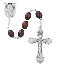 Brown Wood Bead Rosary Silver OX Catholic Center And INRI Crucifix 8 mm Beads picture