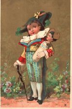 1880s-90s Young Child Dressed in Uniform Carrying Doll with Cain Gold Background picture