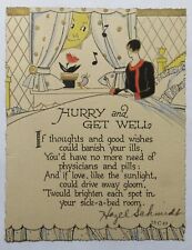 Vtg Art Deco Get Well Card-SUN GREETS FLAPPER WOMAN IN BED BIRD SINGS picture