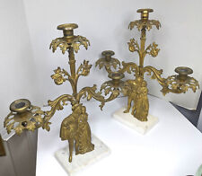 Antique Pair Ornate Figural Gilt Candelabras Marble Bases Knight & Maiden picture