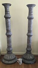 Antique Very Large Persian Brass Candle Sticks 50 inches Tall, Figural Engraving picture