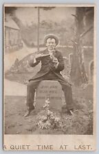 Vintage Postcard Quiet Time At Last Man Siting On Wife's Grave Having A Drink picture