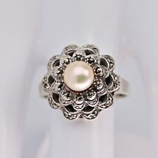 Antique Original Vintage Signed Sterling Silver Marcasite Princess Pearl Ring picture
