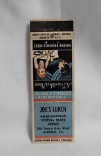 Vintage Joe's Lunch Restaurant Matchbook Cover Warren Pennsylvania Advertising picture