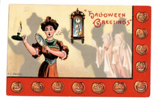 Lady, Mirror Clock & Ghosts Halloween postcard JOL 1909 sgd EC Banks Embossed picture
