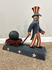 Signed George John American Folk Art Hand Carved Wooden Uncle Sam Globe USA Flag picture