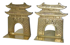Vintage 60s Korean Pagoda Polished Brass Folding Bookends Taegeuk Yin & Yang picture