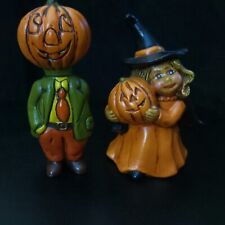 Vintage Anthropomorphic Orange Pumpkin Head Man & Adorable Witch Girl Figurine picture