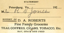 1920's Fine Family Groceries D A Roberts Petersburg VA Dry Goods Billhead picture