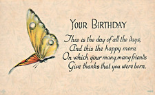YOUR BIRTHDAY POSTCARD Beautiful Butterfly + Birthday Poem Antique picture