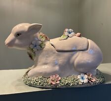 Vintage Lamb Tureen Italian Ceramic White Applied Flowers Centerpiece Easter picture