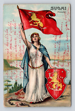 Postcard Royal Finnish Maiden Finland Flag Crest Shield Mount Iron MN1908 Cancel picture