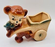Vintage Royal Copley Pottery Brown Teddy Bear & Cart Retro Cottage Core Planter picture