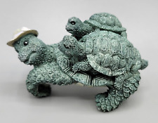 Vintage Green Mama Turtle Wearing a Hat Resin Figurine With Two Babies On Back picture