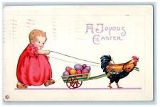 1921 A Joyous Easter Rooster Hen Little Girl Pulling Car Eggs Embossed Postcard picture